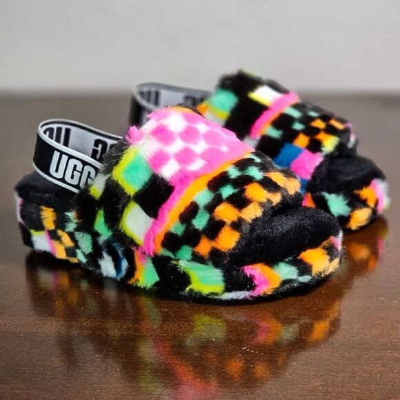 UGG Fluff Yeah Slide Sandal Women's Size 6 Checkered Faux Fur Black White Pink - Picture 5 of 13